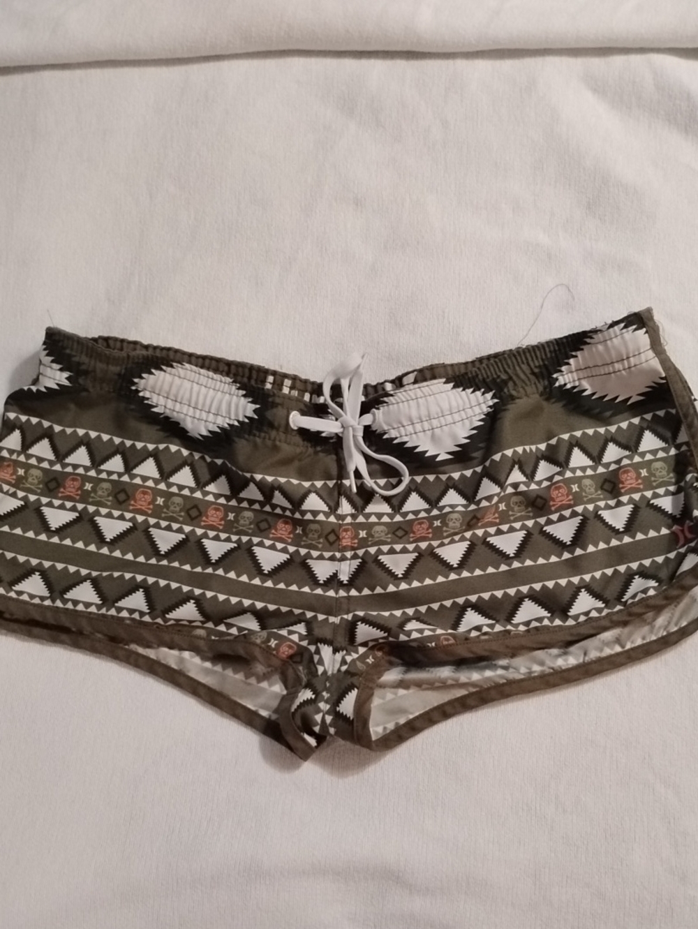 Hurley Edgy Olive Skull Tribal Print Board Shorts with Adjustable Drawstring